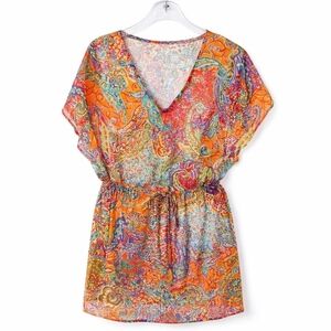 Lauren Ralph Lauren Maharaja Orange Paisley Mesh Boho Tunic Dress Swim Cover Up